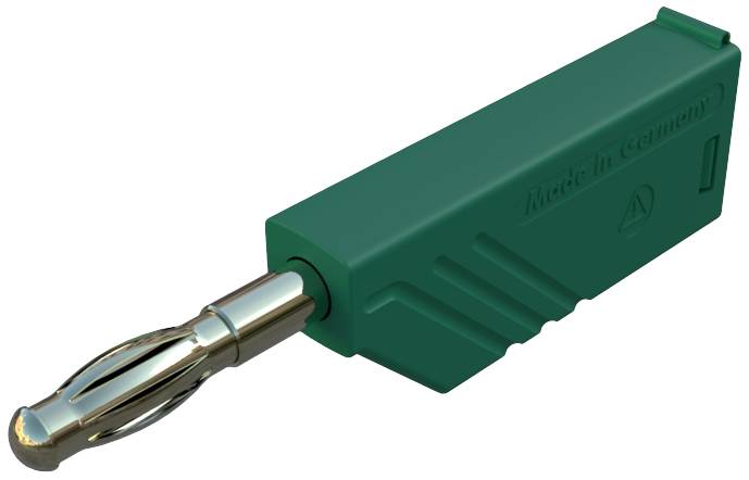 Grüner elektrischer Stecker mit Metallspitze, beschriftet mit 'Made in Germany'.
