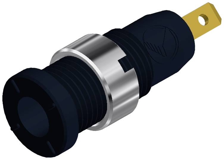 Schwarzer zylindrischer Sicherungshalter mit silbernem Metallring und kleinem, rechteckigem, gelbem Anschlussstück an einem Ende.