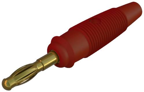 Roter, gerippter Bananenstecker mit goldener Metallspitze, typisches Zubehör für elektrische Verbindung in Audiosystemen.