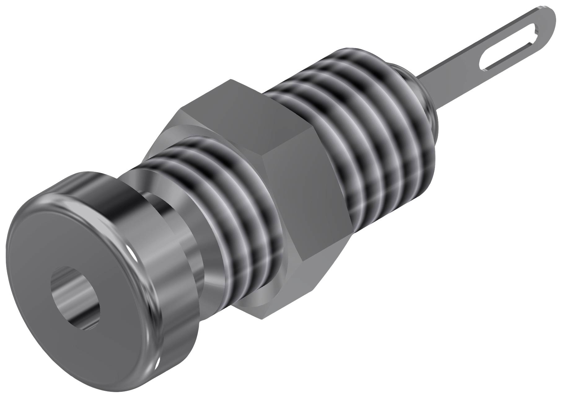 Schwarze Metallschraube mit sechseckigem Kopf und Rillen, vermutlich für mechanische oder elektrische Anwendungen.