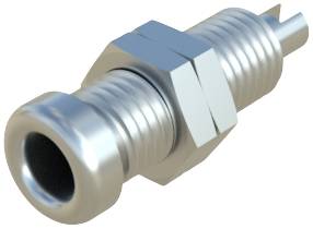 Ein silberner Metalladapter mit Gewinde und sechseckigem Griff, vermutlich für Verbindungen in technischen oder mechanischen Anwendungen.