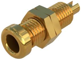 Goldfarbene Metallsteckverbindung mit Gewinde und sechseckigem Schraubenkopf, geeignet für elektrische oder hydraulische Anwendungen.