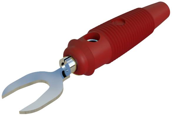 Rot-griffiges Handwerkzeug mit zwei kurzen, abgerundeten Metallzinken. Geeignet zum Entfernen von Unkraut oder Pflanzenresten.