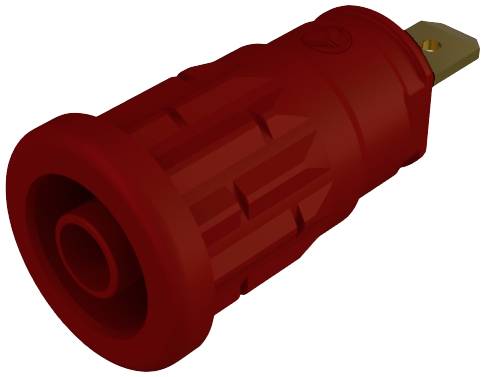 Ein roter elektrischer Stecker mit einem metallischen Kontakt. Ideal für den Anschluss an passende Buchsen in elektrischen Geräten.
