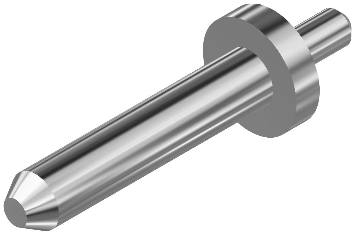 Metallischer zylindrischer Stift mit drei Abschnitten: konisch, geriffelt und flach, vermutlich ein Maschinenteil.