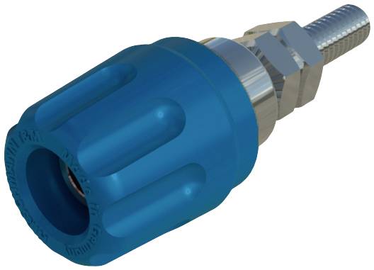 Ein blauer Schlauchanschluss mit Metallgewinde und gerilltem Griff. Geeignet für die Verbindung von Schläuchen in technischen Anwendungen.