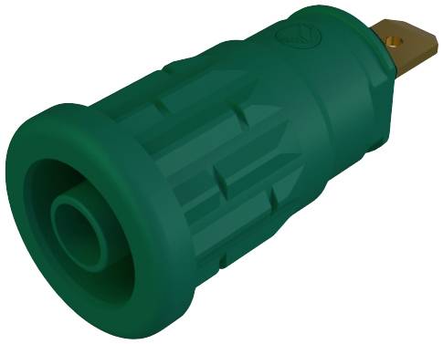 Grüner elektrischer Steckeradapter mit robustem Gehäuse und einem Metallstift für den Anschluss an eine Steckdose.