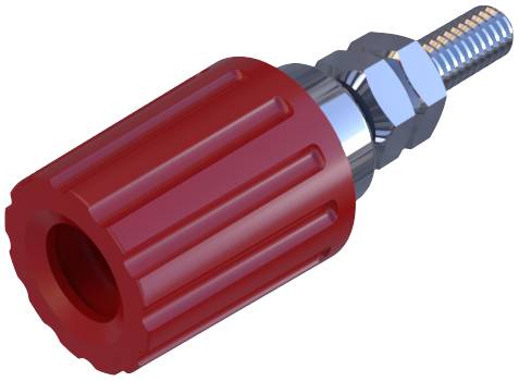 Ein roter, gerippter Drehknopf mit einer silbernen Schraube rechts.