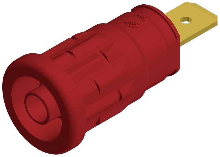 Roter, isolierter Stecker mit gelbem Flachkontakt, geeignet für elektrische Verbindungen. 3D-Darstellung eines Elektrobauteils.