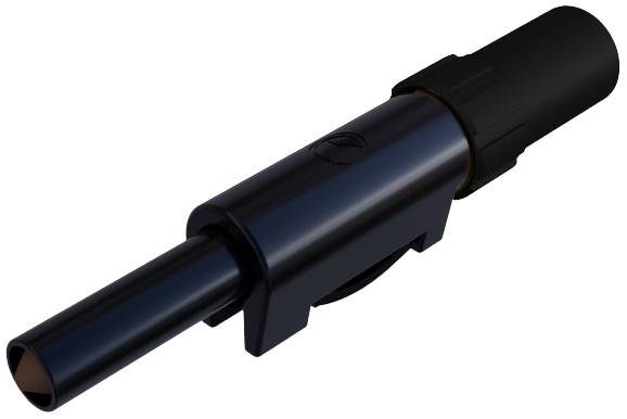 Ein schwarzer, zylindrischer Steckverbinder mit glatter Oberfläche und einem gerippten Ende zur einfachen Handhabung.