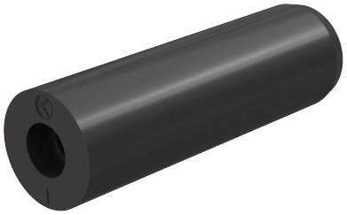 Ein schwarzes, zylindrisches Bauteil mit einer Öffnung an einem Ende. Könnte Teil einer Maschine oder eines Geräts sein.