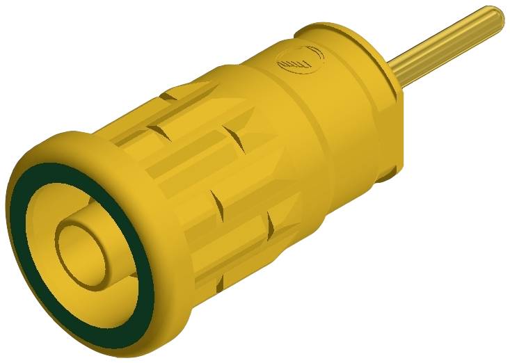 Gelber elektrischer Steckverbinder, zylindrisch geformt, mit geripptem Griff und abgerundeter Spitze.
