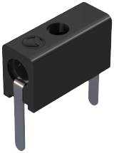 Ein schwarzer elektrischer Bauteiladapter mit zwei Metallanschlüssen und einer Bohrung in der Mitte.