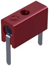 Roter zweipoliger elektrischer Steckverbinder mit Metallkontakten, verwendet zur Verbindung von elektrischen Leiterplatten.