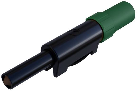 Ein schwarzer Kunststoffstecker mit einem grünen Einsatz. Der Stecker hat ein zylindrisches Design und wird in der Elektronik verwendet.