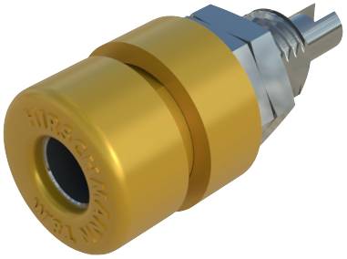 Ein goldener Steckeradapter mit einer zylindrischen Form und einem metallischen Anschluss, geeignet für technische Anwendungen.