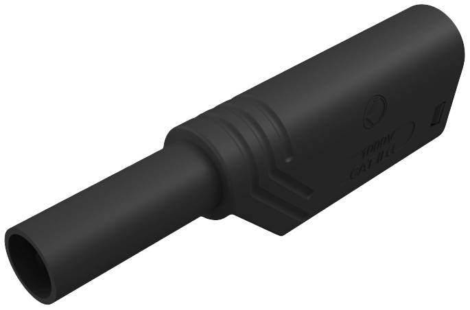 Ein schwarzer zylindrischer Stecker mit geriffelter Oberfläche. Er hat eine runde Öffnung an einem Ende und ein flaches Ende mit Markierungen.
