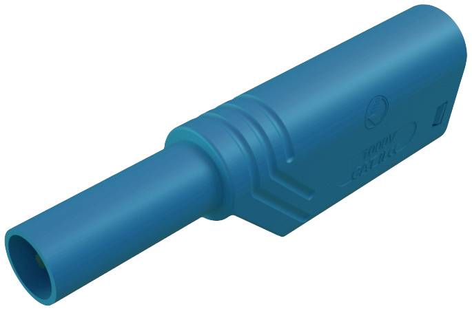 Ein blauer Kunststoffstecker mit zylindrischer Form und geriffelter Oberfläche, oft verwendet in elektrischen Verbindungen.