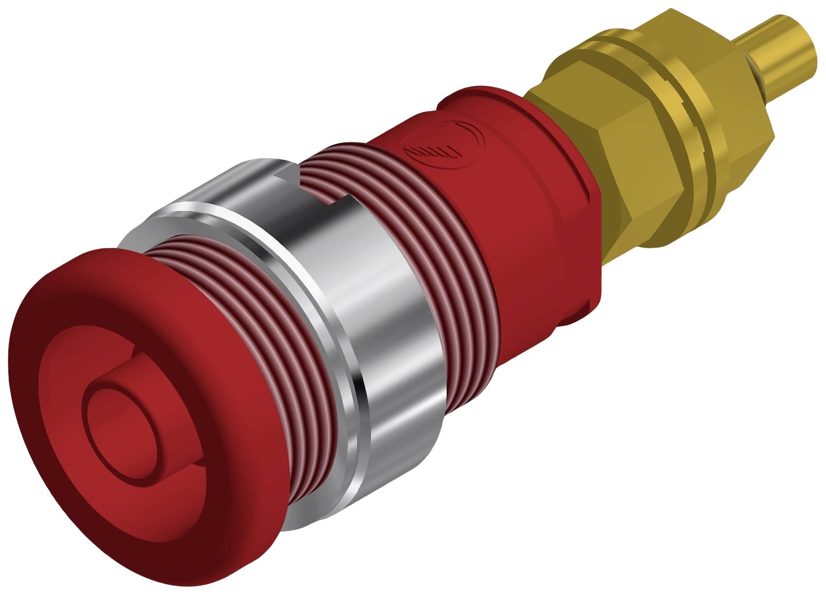 Roter Not-Aus-Schalter für Maschinen, zylindrische Form, mit silbernem Ring und gelbem Anschluss, seitliche Ansicht.