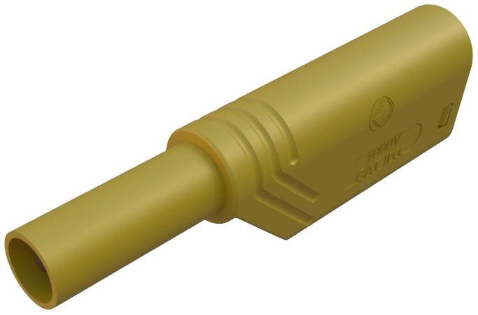 Gelber Stecker mit geriffeltem Griff und zylindrischem Anschluss, typisches elektrisches Verbindungselement.