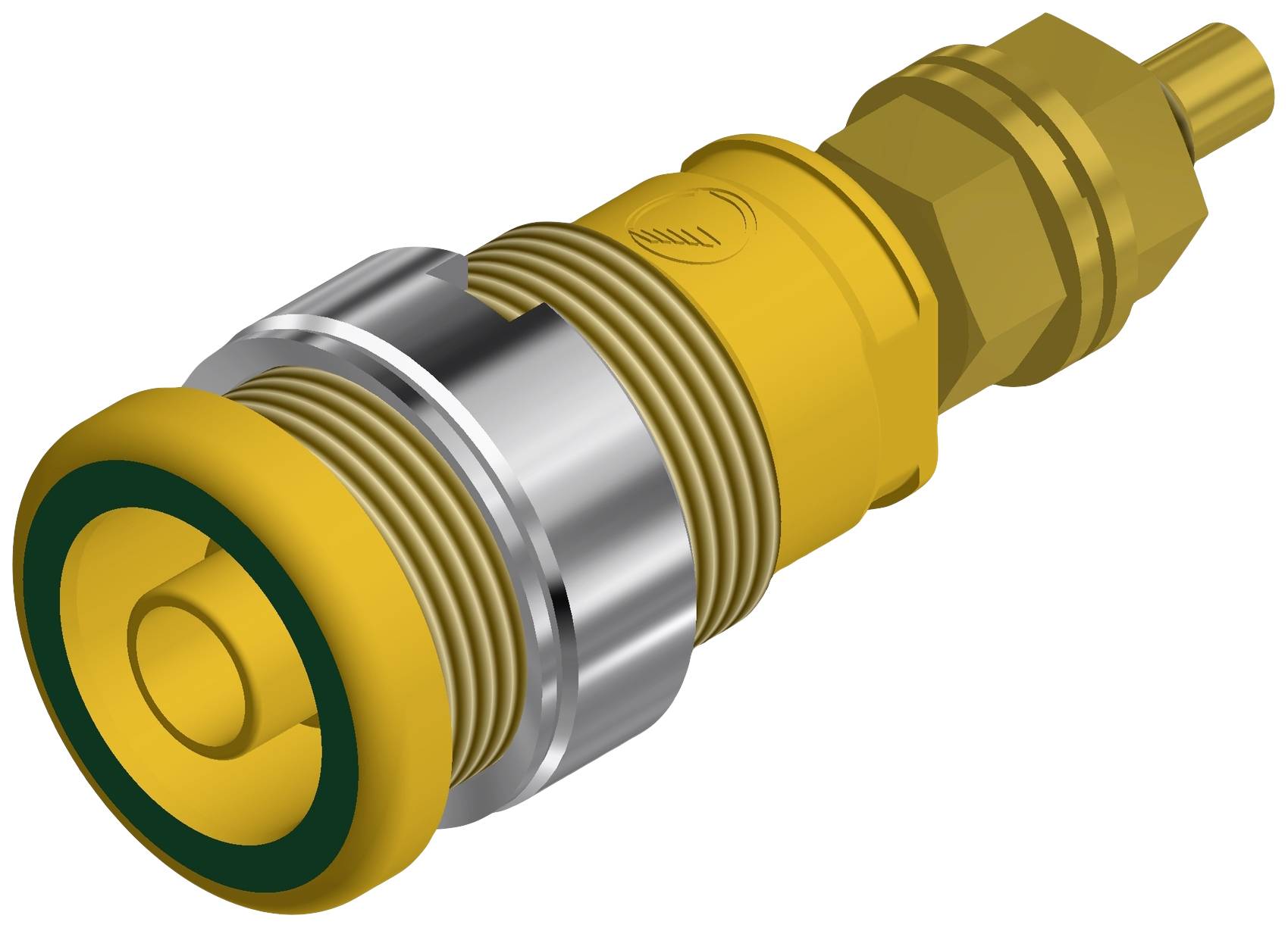 Ein gelbes, zylindrisches Maschinenteil mit Metallgewinde und grünem Dichtungsgummi, häufig in hydraulischen Systemen verwendet.