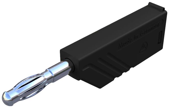 Ein schwarzer, rechteckiger Adapter mit einem silbernen, zylindrischen Stecker. Markierung: 'Made in Germany'.