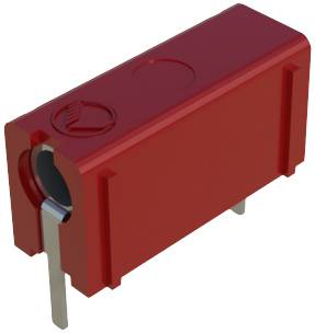 Ein rotes elektronisches Bauteil mit Metallpins an der Unterseite, vermutlich ein Widerstand oder Kondensator für Leiterplattenmontage.