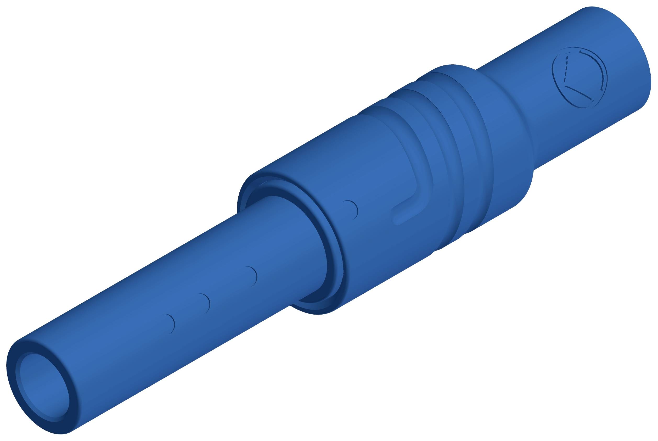 Blauer Steckverbinder in zylindrischer Form, bestehend aus einem langem und einem kurzen Abschnitt. Beide Enden sind offen.