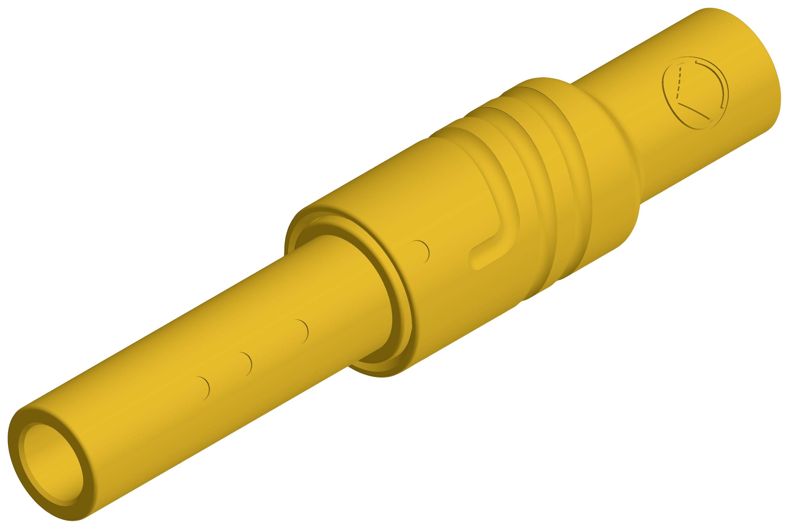 Gelber Kunststoffstecker mit zylindrischer Form und Rillen, zur elektrischen Verbindung und Isolation geeignet.