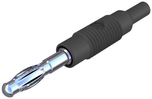 Schwarzer Bananenstecker mit geriffeltem Griff und metallischer Spitze, verwendet für Audioverbindungen oder Testanwendungen.