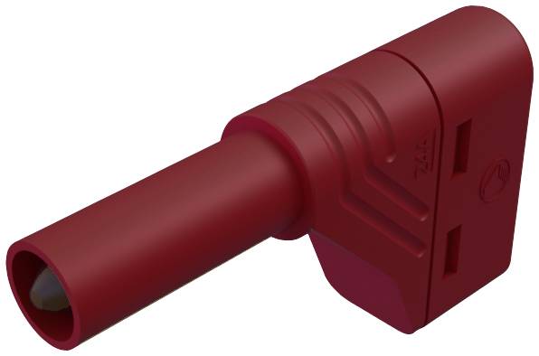 Roter, rechtwinkliger Steckeradapter mit zwei Buchsenöffnungen, geeignet für elektrische Verbindungen.