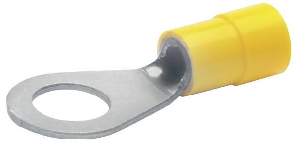 Ein gelbes isoliertes Ringkabelschuh zum Befestigen von Elektrokabeln, mit einer Metallöse zum Anschließen an eine Schraube oder einen Bolzen.