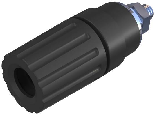 Schwarzer Kunststoffadapter mit geriffelter Oberfläche und metallischem Anschluss, seitliche Ansicht, Industrieanwendung.