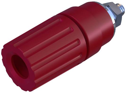 Rote Schraubkappe mit geriffelter Oberfläche und silbernem Schraubgewinde, möglicherweise Teil eines größeren mechanischen Geräts.