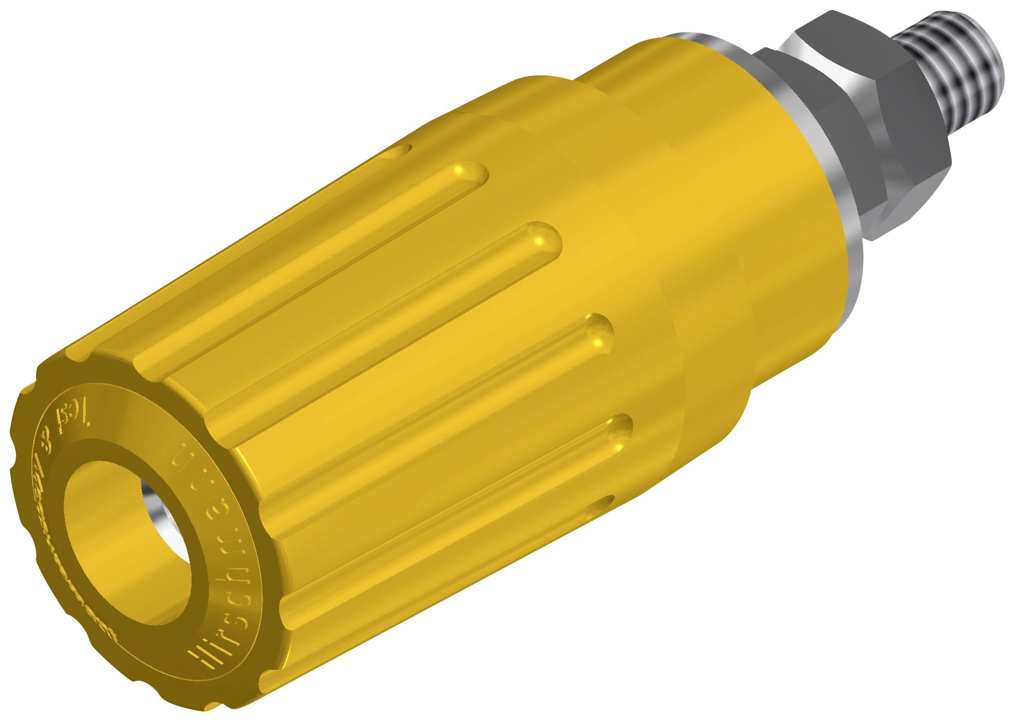 Gelber Gasregler-Aufsatz mit gerillter Oberfläche, oben ein Anschlussventil, dient zur Kontrolle des Gasflusses.