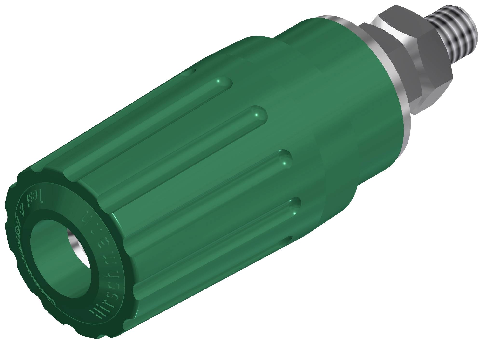 Grüner Schlauchanschluss mit Metallgewinde, Rillen zur besseren Griffigkeit. Verbindungsstück für Wasserleitungen.