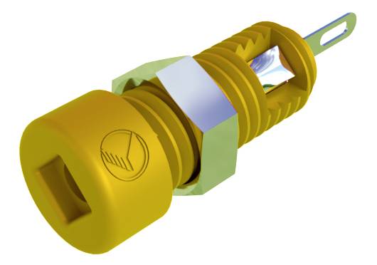 Gelber runder LED-Halter mit Schraubgewinde und Metallkontakt, geeignet für elektronische Installationen.