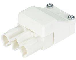 Weißer elektrischer Stecker mit zwei Schrauben an der Oberseite und drei Anschlussbuchsen unten. Geeignet für industrielle Anwendungen.