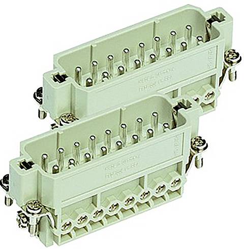 Zwei graue Steckverbinder mit mehreren Metallstiften, übereinander angeordnet. Geeignet für elektrische Verbindungen.