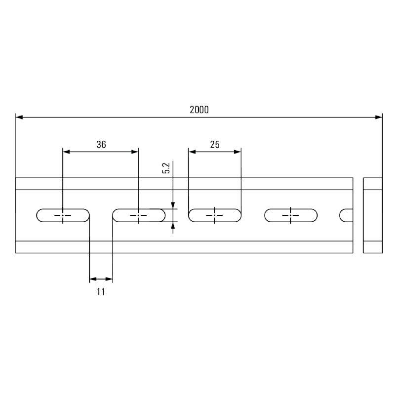 Technische Zeichnung eines Metallprofils mit Maßen: Gesamtlänge 2000 mm, Breite 36 mm, Lochbreite 25 mm, Lochhöhe 11 mm, Abstand 52 mm.