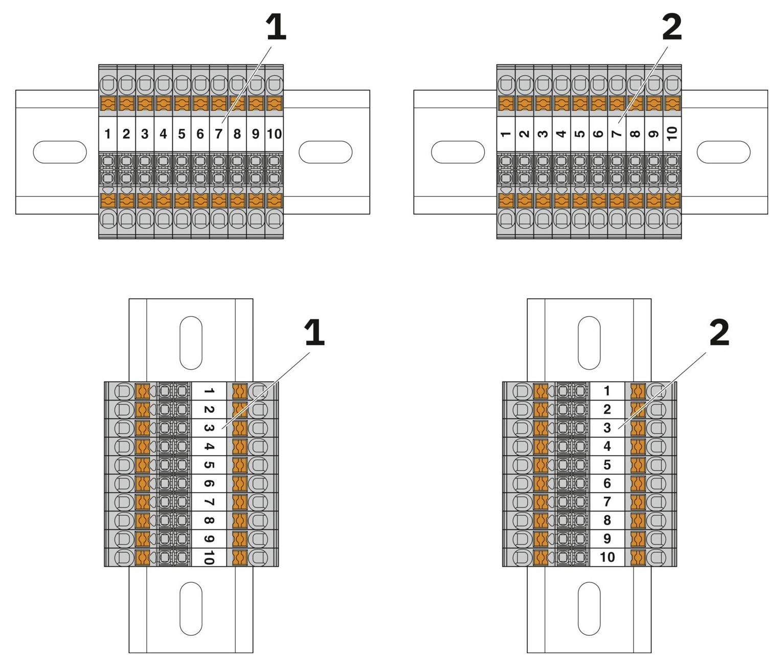 Diagramm zeigt zwei Arten von Verbindungen auf Klemmenblöcken mit den Bezeichnungen 1 und 2, jeweils mit nummerierten Plätzen von 1 bis 10 zur Drahtplatzierung.