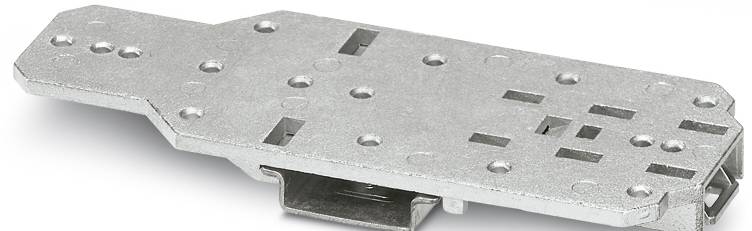 Metallisches Montageelement mit mehreren Befestigungslöchern und rechteckigen Aussparungen, wahrscheinlich für industrielle Anwendungen.