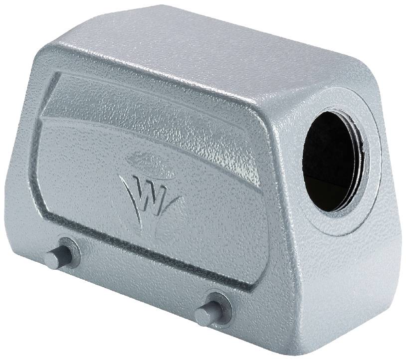 Graues Abdeckgehäuse aus Metall mit runder Öffnung an der Seite und einem eingeprägten Logo auf der Vorderseite.