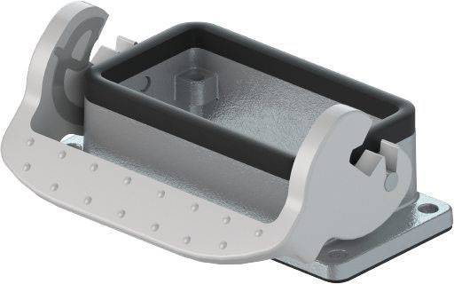 Metallhalterung mit rechteckiger Vertiefung und gewölbter Basis; seitliche Halterungen mit gerundeten Kanten.