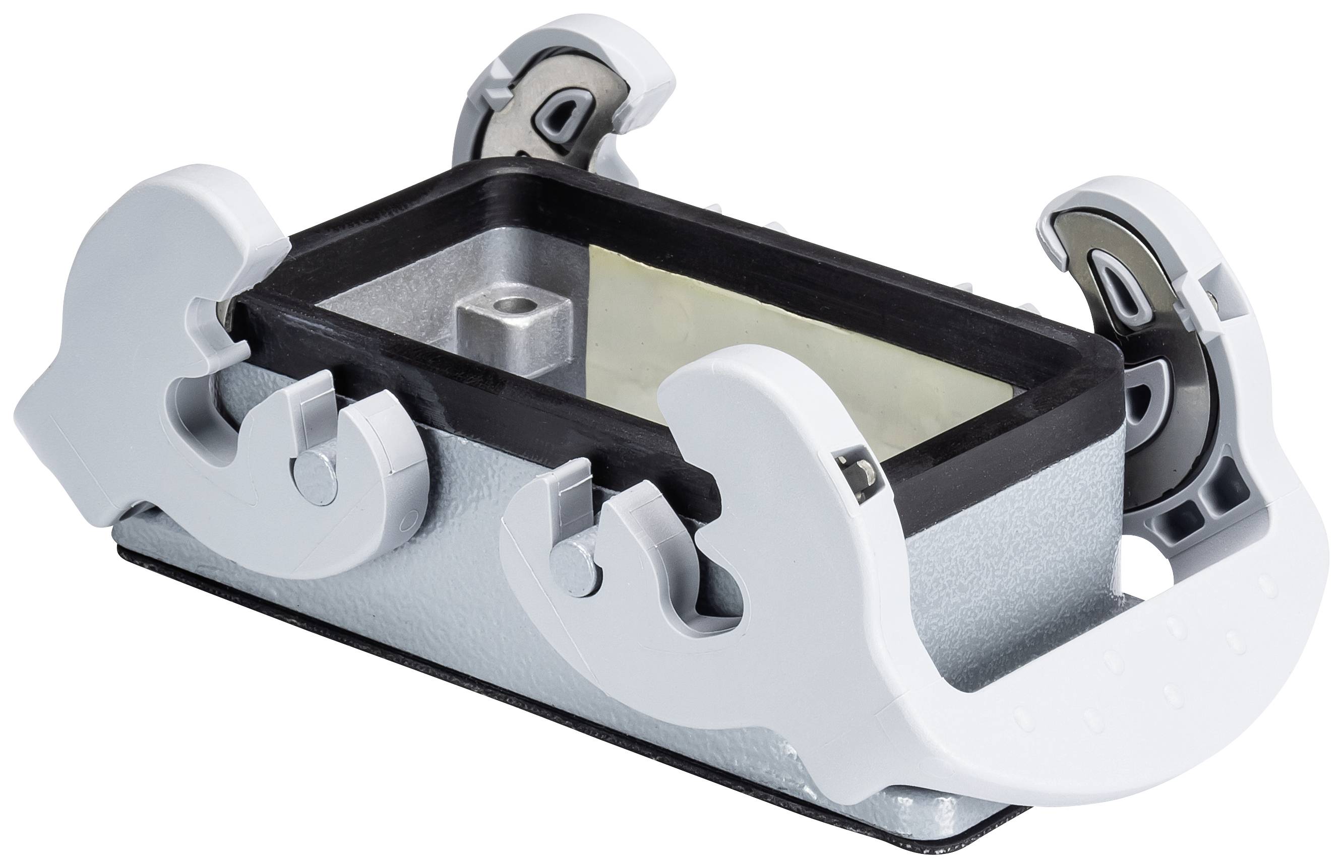 Elektrischer Steckverbinder mit grauem Gehäuse und schwarzer Dichtung, geeignet für industrielle Anwendungen.