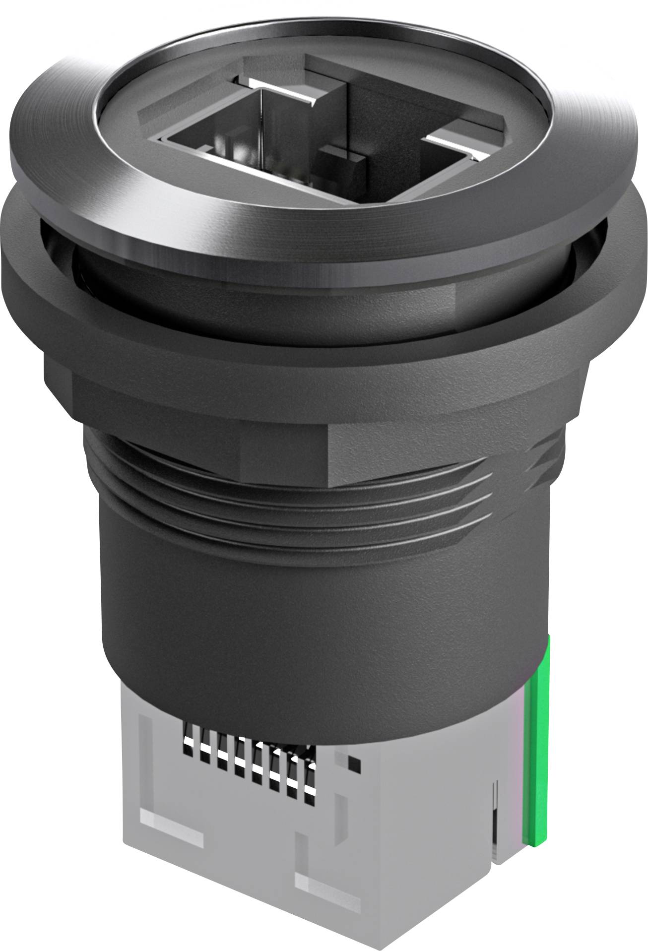 3D-Rendering eines schwarzen und silbernen Ethernet-Anschluss-Steckers, perspektivisch auf weißem Hintergrund dargestellt.