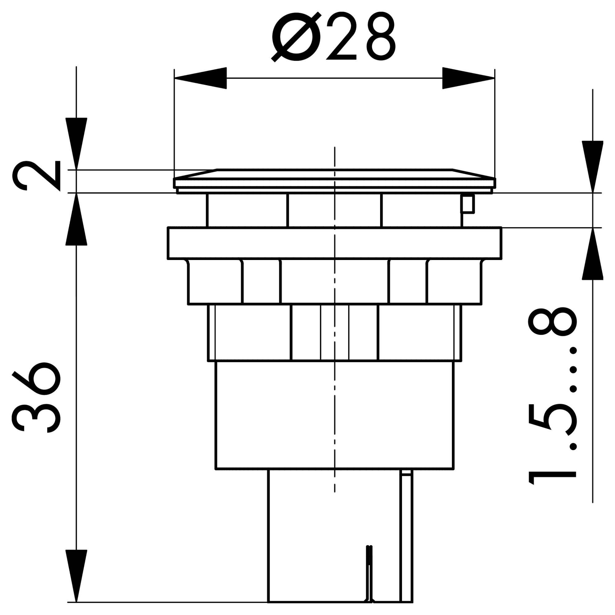 Technische Strichzeichnung eines Zylinderbauteils mit Flansch; oberer Durchmesser Ø28, Gesamthöhe 36, sowie zusätzliche Maße 2 und 1,5–8 angegeben.