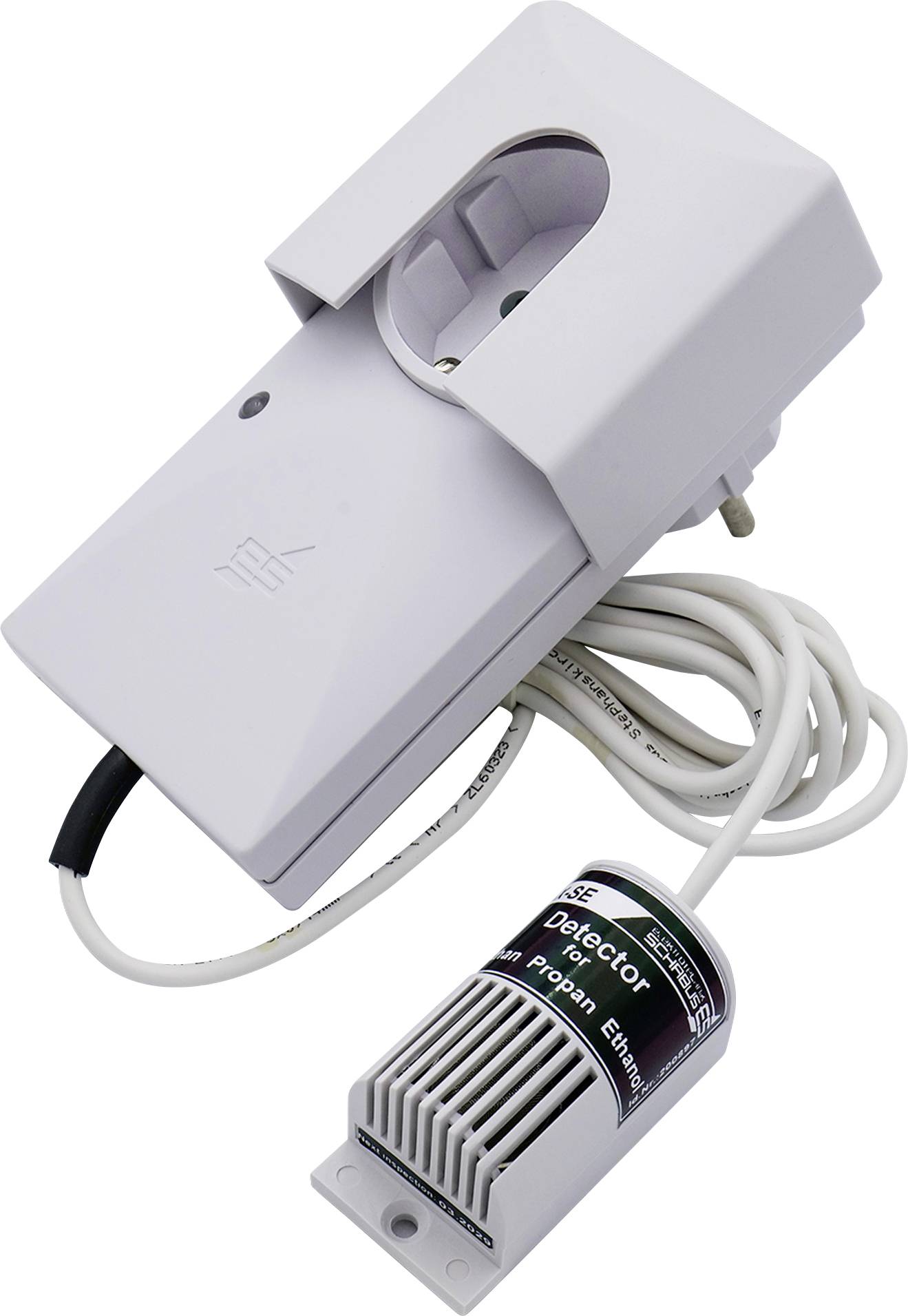 Ein weißer Gasmelder mit Kabel und Steckverbindung zur Erkennung von Propan.