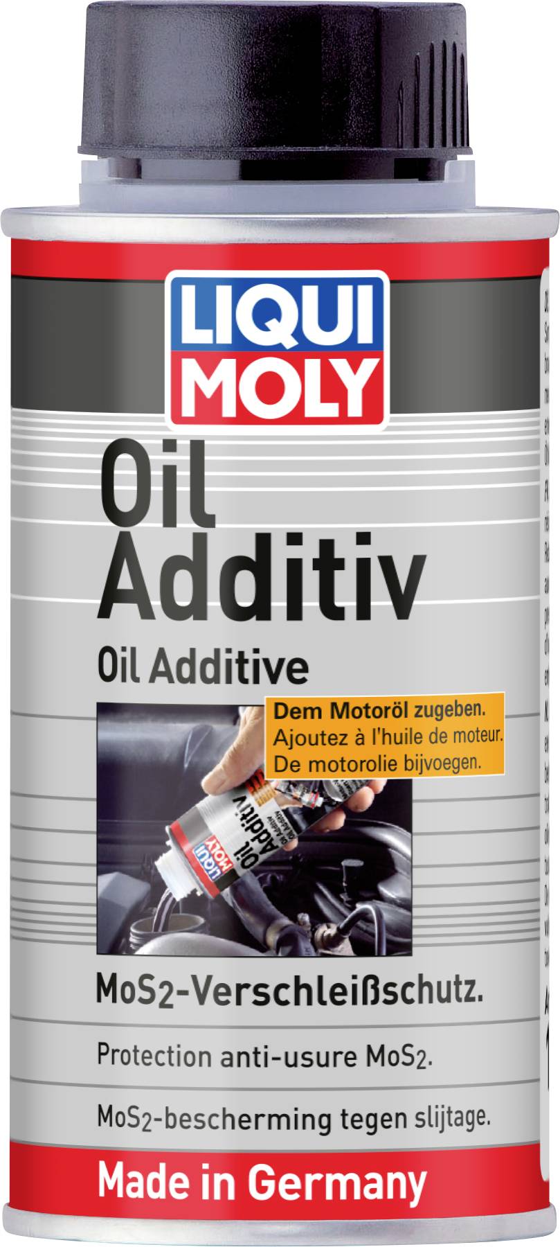 Liqui Moly Öl-Additiv-Behälter mit schwarzem Deckel und rotem Etikett, das MoS2-Verschleißschutz und die Aufschrift 