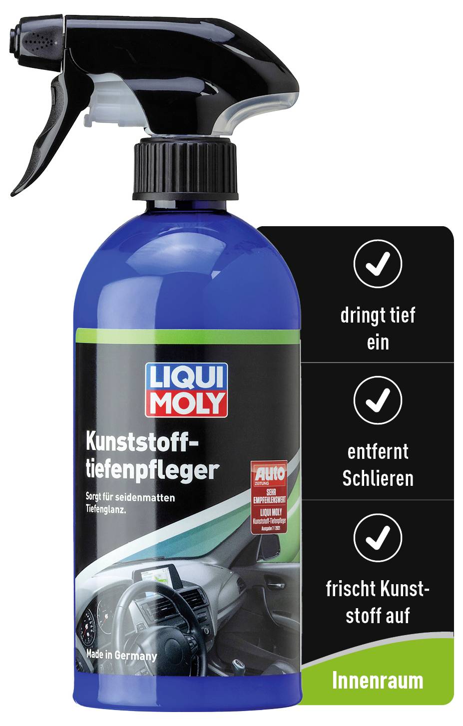 Eine blaue Flasche 'LIQUI MOLY Kunststofftiefenpfleger' mit Sprühkopf. Infos: dringt tief ein, entfernt Schlieren, frischt Kunststoff auf. Inklusive Innenraumfoto.